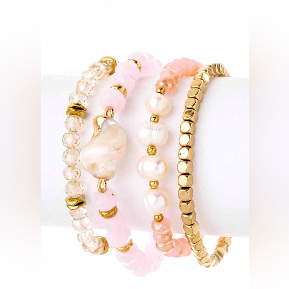 4PC Pink, Cream and Gold Beads Minimalist Bracelet Set